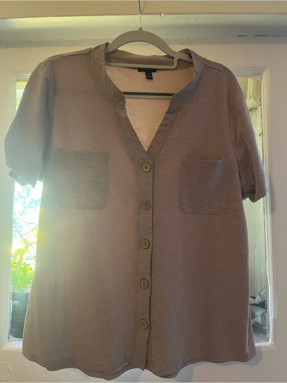 Short Sleeve Button-Front Tee with Pockets - Taupe